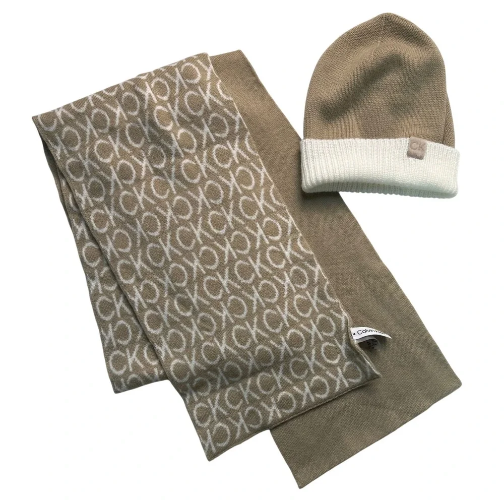 Calvin Klein Scarf and Beanie Set Tan White Monogram Logo Knit Winter